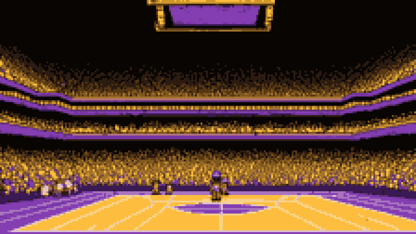 Retro 8-bit illustration: a sleek downtown indoor arena glowing purple and gold (AI-generated illustration)
