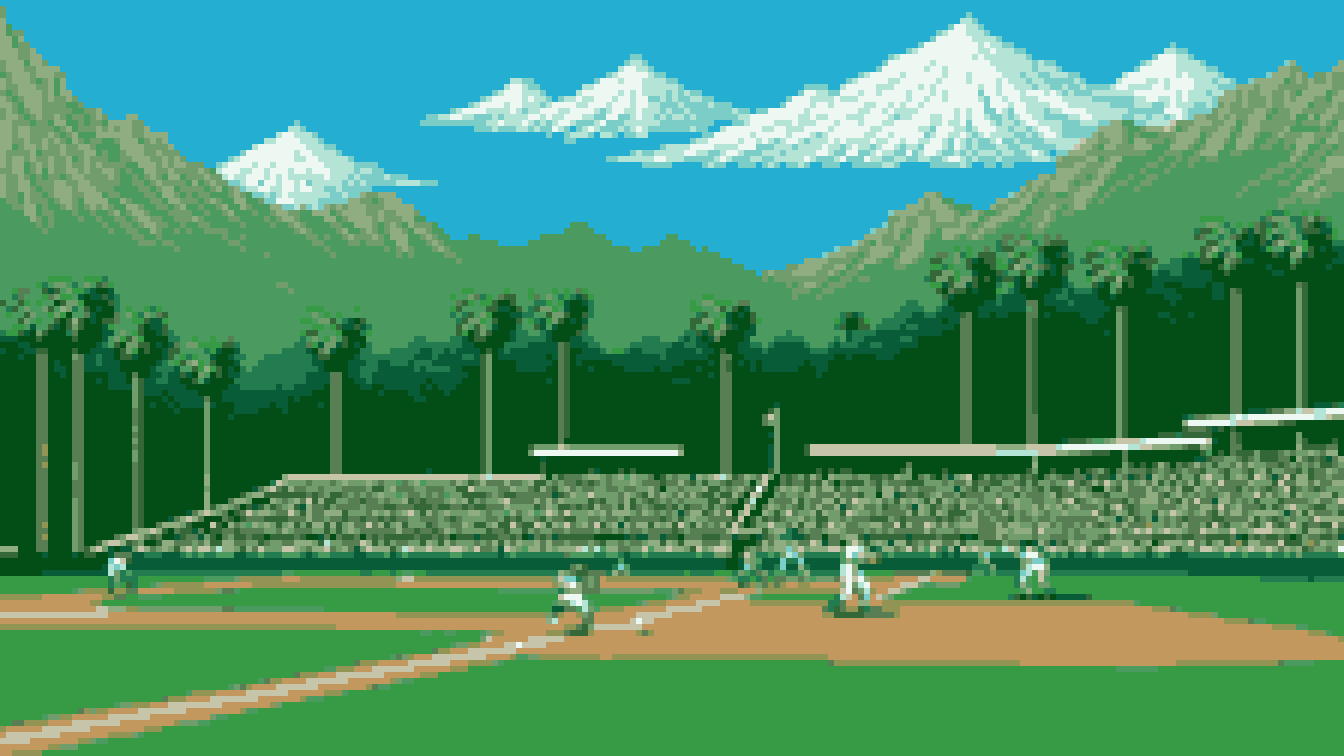 Retro 8-bit illustration: a ballpark nestled in green hills with tall palm trees beyond the outfield (AI-generated illustration)