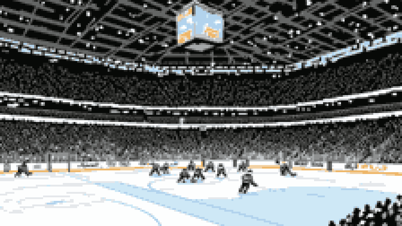 Retro 8-bit illustration: a sleek downtown indoor hockey arena with black and silver accents (AI-generated illustration)