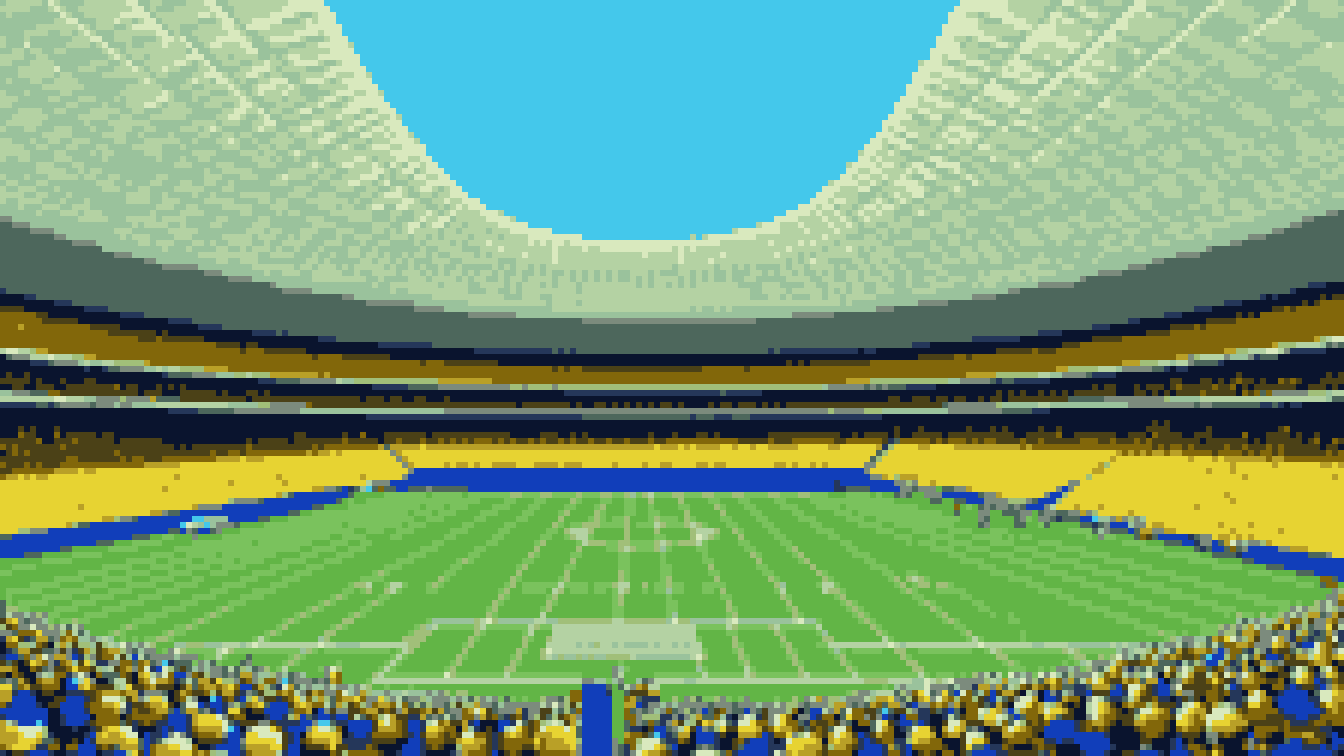 Retro 8-bit illustration: a futuristic stadium under a huge translucent canopy roof (AI-generated illustration)