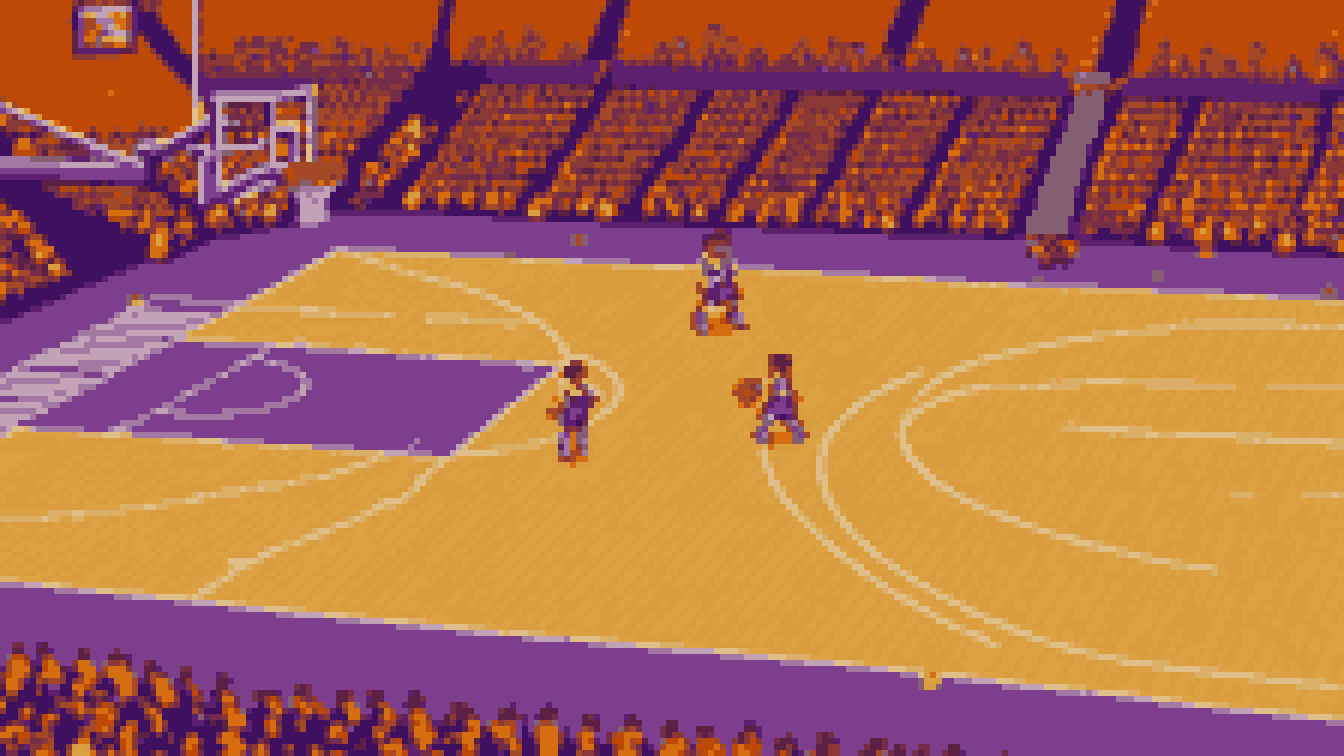 Retro 8-bit illustration: side view of a basketball court inside a big arena (AI-generated illustration)