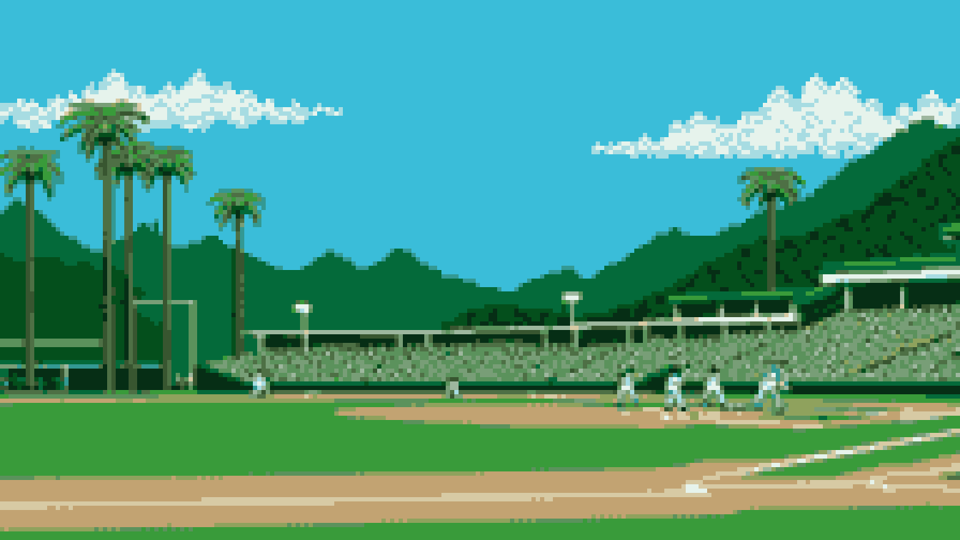 Retro 8-bit illustration: a ballpark nestled in green hills with tall palm trees beyond the outfield (AI-generated illustration)