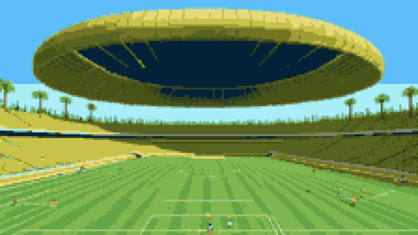 Retro 8-bit illustration: a futuristic stadium under a huge translucent canopy roof (AI-generated illustration)