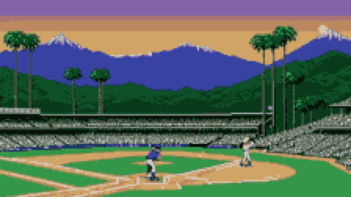 Retro 8-bit illustration: a ballpark nestled in green hills with tall palm trees beyond the outfield (AI-generated illustration)