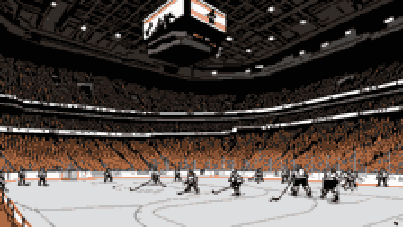 Retro 8-bit illustration: a sleek downtown indoor hockey arena with black and silver accents (AI-generated illustration)
