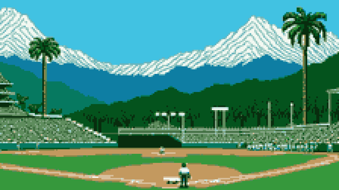 Retro 8-bit illustration: a ballpark nestled in green hills with tall palm trees beyond the outfield (AI-generated illustration)