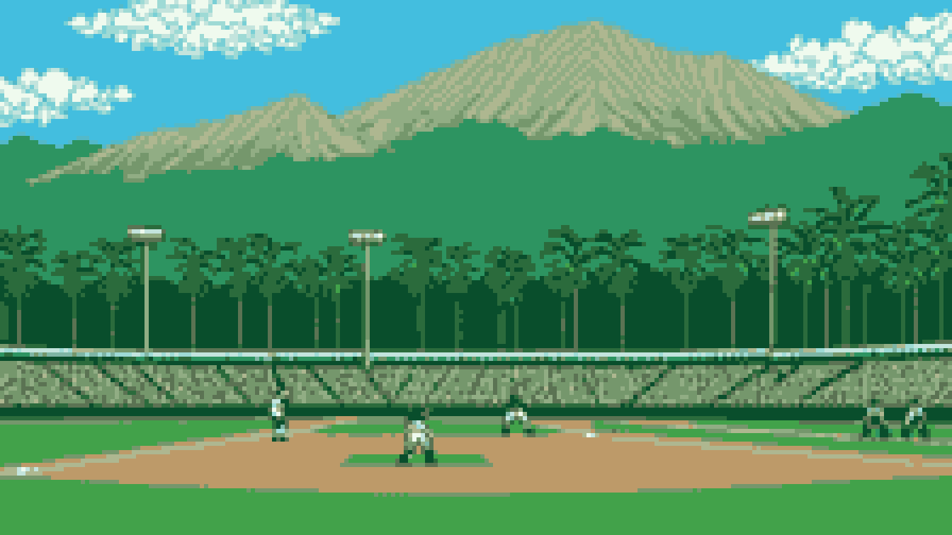 Retro 8-bit illustration: a ballpark nestled in green hills with tall palm trees beyond the outfield (AI-generated illustration)