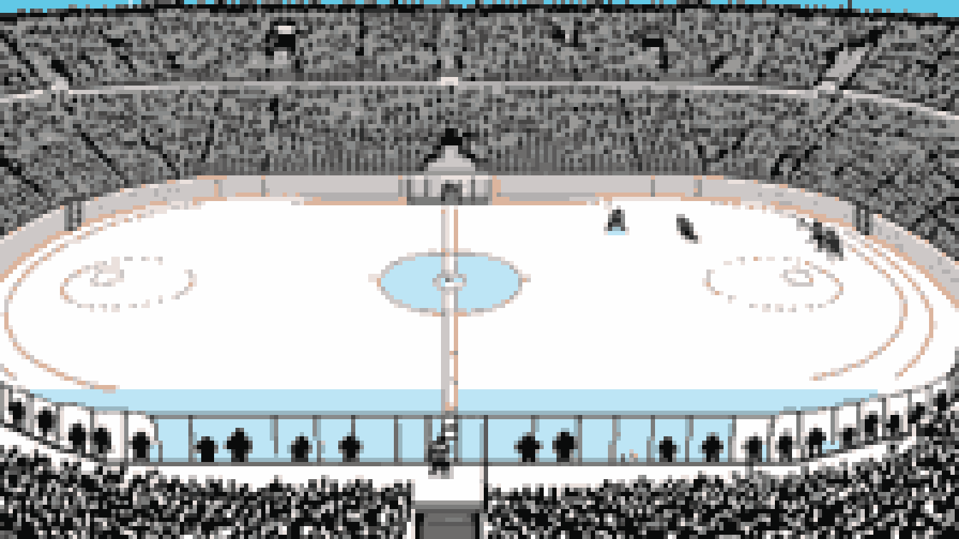 Retro 8-bit illustration: view down a hockey rink inside a big arena (AI-generated illustration)