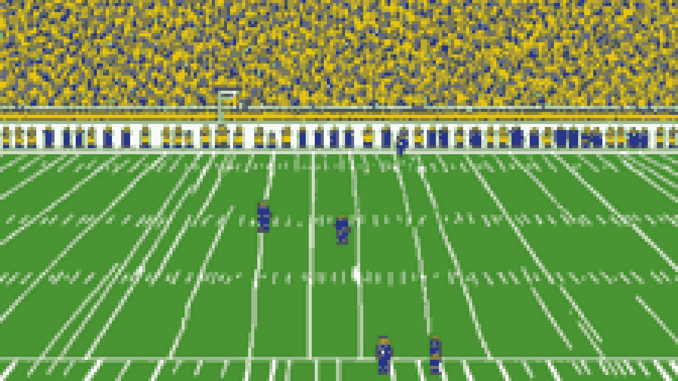 Retro 8-bit illustration: side view of an american football field inside a big stadium (AI-generated illustration)