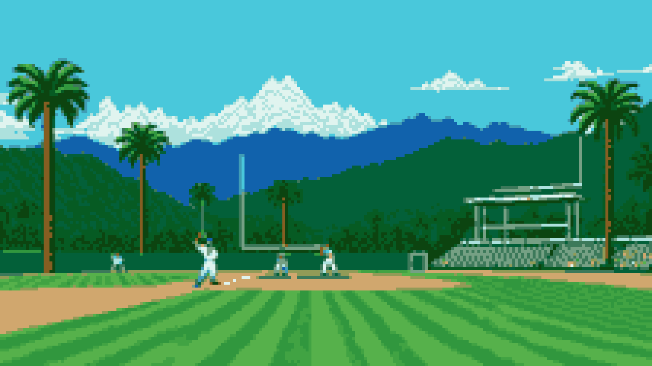 Retro 8-bit illustration: a ballpark nestled in green hills with tall palm trees beyond the outfield (AI-generated illustration)